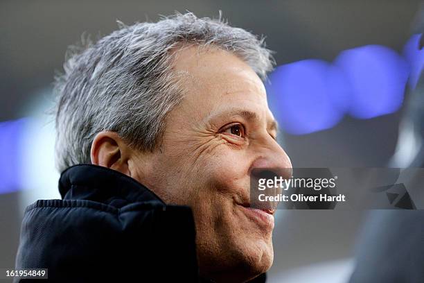 Head coach Lucien Favre of Gladbach reacts during the Bundesliga match between Hamburger SV and Borussia Moenchengladbach at Imtech Arena on February...