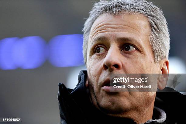 Head coach Lucien Favre of Gladbach reacts during the Bundesliga match between Hamburger SV and Borussia Moenchengladbach at Imtech Arena on February...