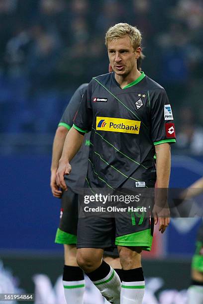 Mike Hanke of Gladbach battle for the ball during the Bundesliga match between Hamburger SV and Borussia Moenchengladbach at Imtech Arena on February...