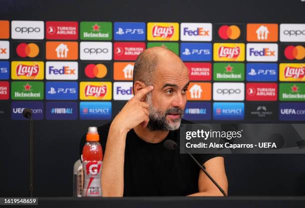 Pep Guardiola, Manager of Manchester City, speaks to the media in the post match press conference following the UEFA Super Cup 2023 match between...