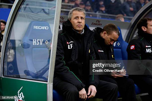 Head coach Lucien Favre of Gladbach reacts during the Bundesliga match between Hamburger SV and Borussia Moenchengladbach at Imtech Arena on February...