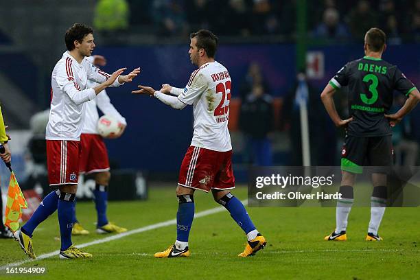 Rafael van der Vaart his substitution with Marcus Berg of Hamburg during the Bundesliga match between Hamburger SV and Borussia Moenchengladbach at...