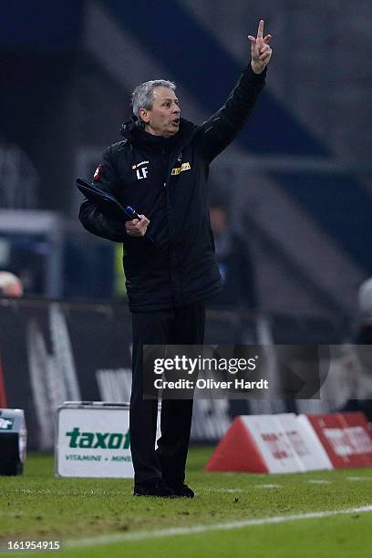 Head coach Lucien Favre of Gladbach reacts during the Bundesliga match between Hamburger SV and Borussia Moenchengladbach at Imtech Arena on February...