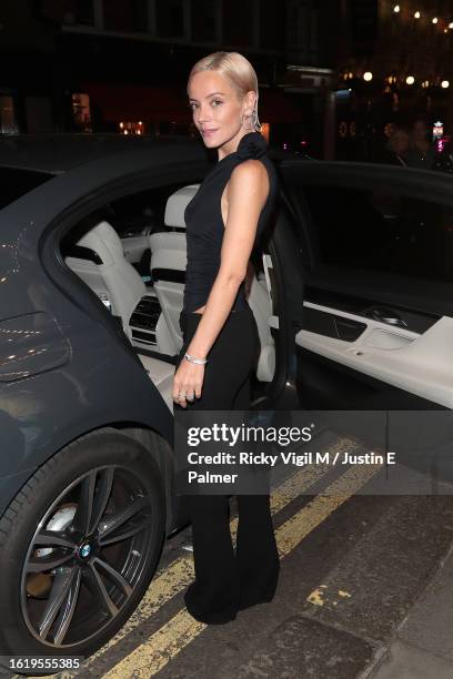 Lily Allen seen leaving the Duke of York's Theatre after her performance in "The Pillowman" on August 16, 2023 in London, England.