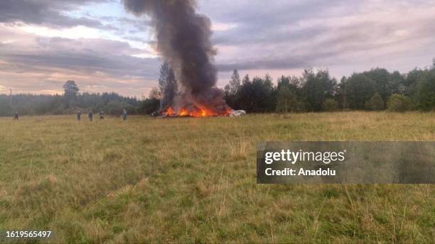 View of site after a private jet, allegedly carrying Wagner head Yevgeny Prigozhin and other passengers crashed in Russia's northwestern Tver region,...