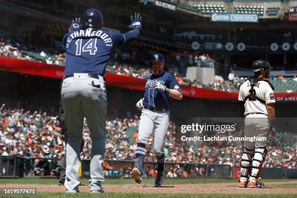 Luke Raley of the Tampa Bay Rays celebrates as he crosses home plate to score after hitting an inside-the-park home run in the top of the sixth...