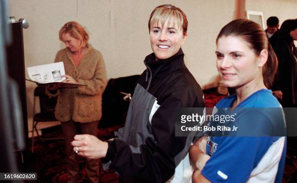 United States Soccer Team members Mia Hamm and Brandi Chastain film a commercial, January 18, 2001 in Los Angeles, California.