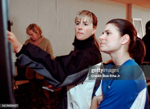 United States Soccer Team members Mia Hamm and Brandi Chastain film a commercial, January 18, 2001 in Los Angeles, California.