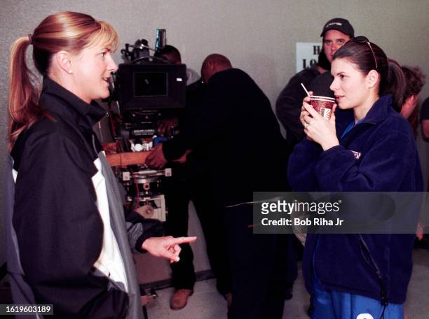 United States Soccer Team members Mia Hamm and Brandi Chastain film a commercial, January 18, 2001 in Los Angeles, California.