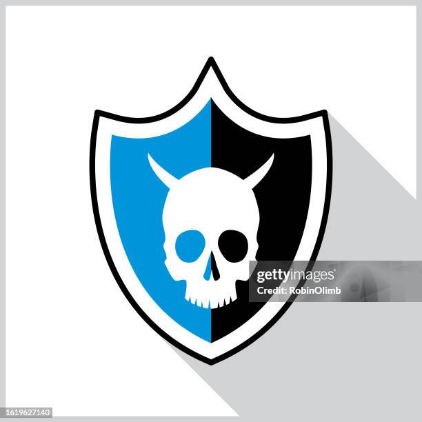 devil skull shield shadow icon - devil icon stock illustrations