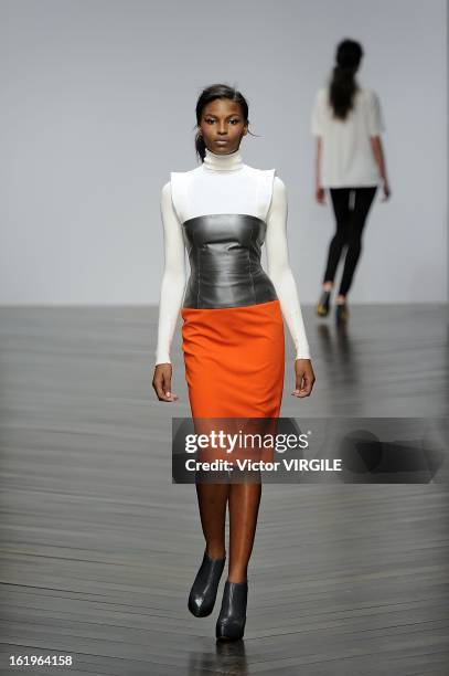 Model walks the runway during the Zoe Jordan Ready to Wear Fall/Winter 2013-2014 show as part of the London Fashion Week Fall/Winter 2013/14 at...