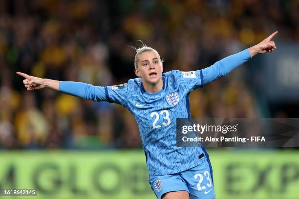 Alessia Russo of England celebrates after scoring her sides third goal during the FIFA Women's World Cup Australia & New Zealand 2023 Semi Final...