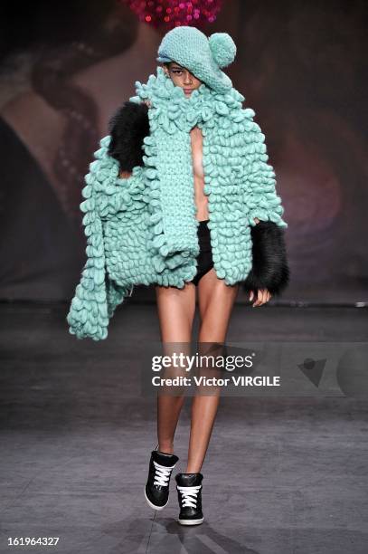 Model walks the runway during the Sister By Sibling Ready to Wear Fall/Winter 2013-2014 show as part of the London Fashion Week on February 16, 2013...