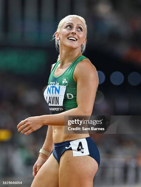 Budapest , Hungary - 23 August 2023; Sarah Lavin of Ireland reacts after she beats her national record in the women's 100m hurdles heats during day...