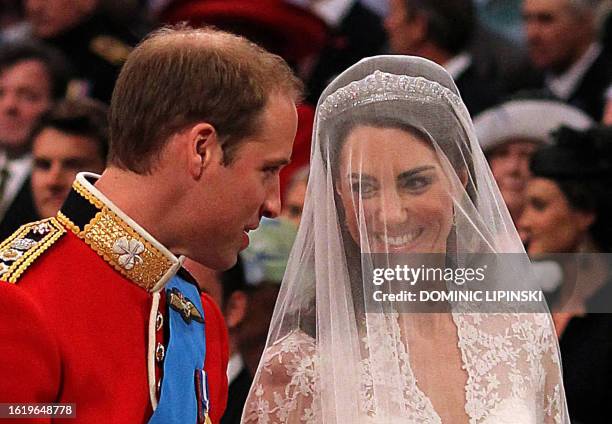 Britain's Prince William looks at his bride Kate Middleton during the Royal wedding ceremony at Westminster Abbey in London on April 29, 2011. AFP...