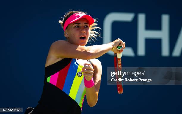Irina Bara of Romania in action against Noma Noha Akugue of Germany during the first qualifications round ahead of the US Open at USTA Billie Jean...