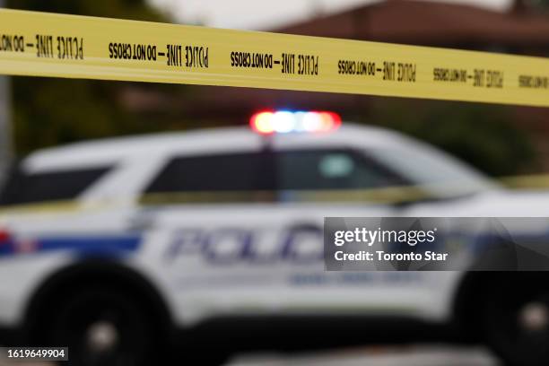 File image of Peel Police tape and markings for future useage Airport Road and Thamesgate Drive - female cyclist struck and killed in hit and run...