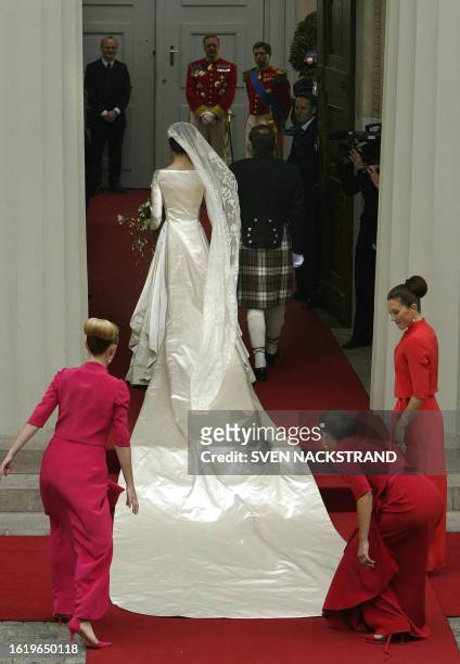 Miss Mary Donaldson of Australia escorted by her father John Donaldson, her two sisters and a best friend, walks in to the Copenhagen Cathedral to...