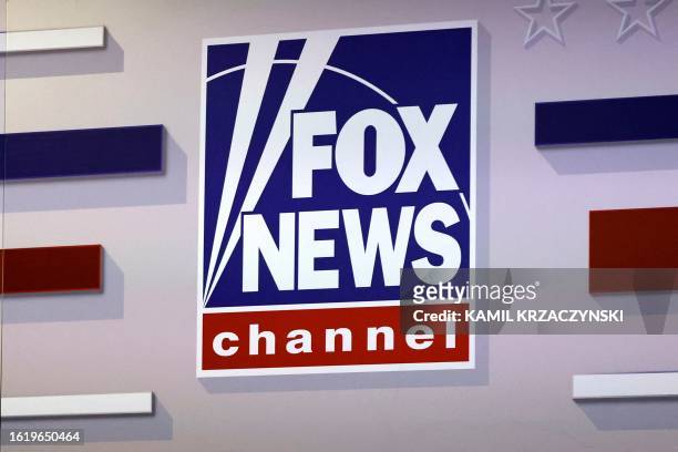 Fox News logo is pictured ahead of the first Republican Presidential primary debate at the Fiserv Forum in Milwaukee, Wisconsin, on August 23, 2023.