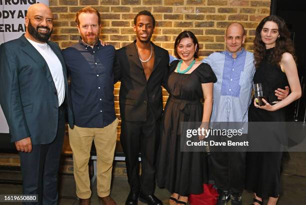 Aaron Neil, Geoffrey Streatfeild, Micheal Ward, Sara Houghton, Jonny Lee Miller and Tanya Reynolds attend the press night after party for "A Mirror"...