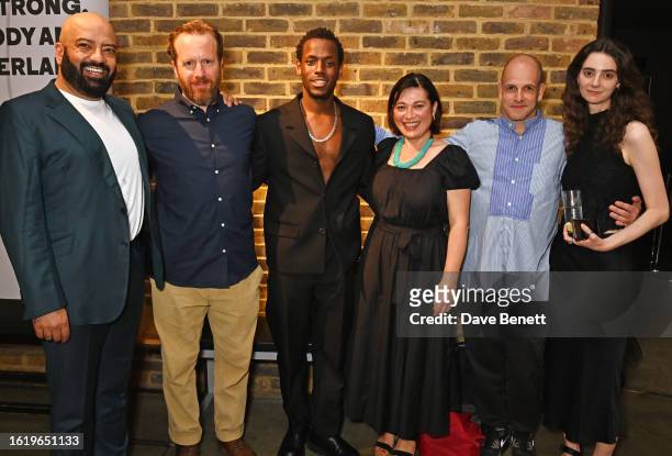 Aaron Neil, Geoffrey Streatfeild, Micheal Ward, Sara Houghton, Jonny Lee Miller and Tanya Reynolds attend the press night after party for "A Mirror"...
