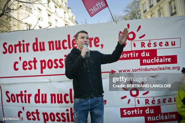 Spokesman of the French far left party "the New anti-capitalist Party" Olivier Besancenot delivers a speech during a protest organized by French...