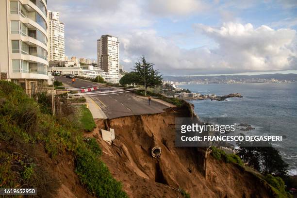 View of a landslide after a water collector collapsed due to heavy rains in Valparaiso, Chile on August 23, 2023.