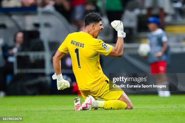 Goalkeeper Matheus Lima of Braga celebrates his team goal's during UEFA Champions League - Play-Off First Leg match between Sporting Braga and...