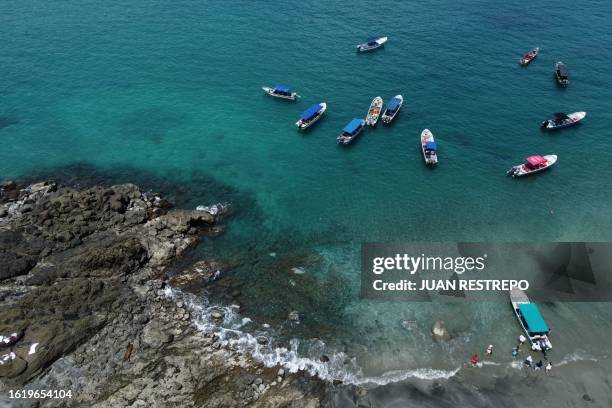 Aerial view showing beaches of Nuqui municipality, Choco Department, Colombia on August 5, 2023. Last June, UNESCO declared the Colombian Pacific...