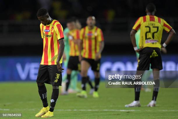 Deportivo Pereira's midfielder Ewil Murillo reacts after the end of the Copa Libertadores quarterfinals first leg football match between Colombia's...