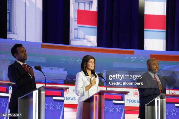 Vivek Ramaswamy, chairman and co-founder of Strive Asset Management and 2024 Republican presidential candidate, from left, Nikki Haley, former...