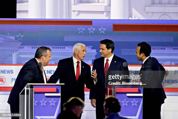 Vivek Ramaswamy, chairman and co-founder of Strive Asset Management and 2024 Republican presidential candidate, from right, Ron DeSantis, governor of...