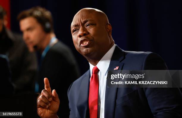 Senator from South Carolina Tim Scott speaks during an interview in the Spin Room following the first Republican Presidential primary debate at the...