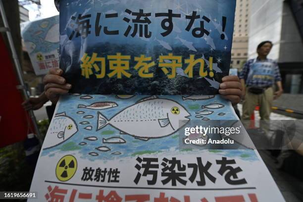 People gather to protest in front of TEPCO, Tokyo Electric Power Company, on August 24 in Tokyo, Japan, as Japan starts to release at sea 7,800 tons...