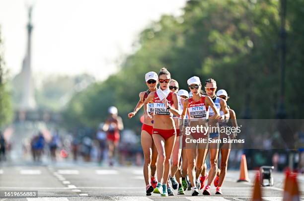 Budapest , Hungary - 24 August 2023; Raquel González, left, and Cristina Montesinos of Spain compete in the women's 35km race walk during day six of...