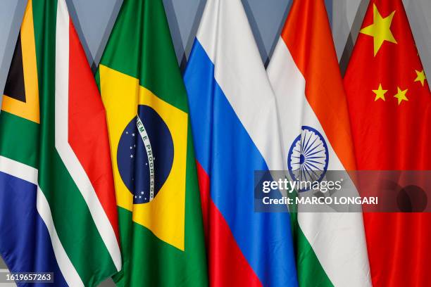 General view of flags of South Africa, Brazil, Russia, India and China during the 2023 BRICS Summit at the Sandton Convention Centre in Johannesburg...