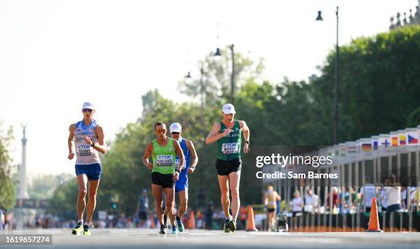 Budapest , Hungary - 24 August 2023; Athletes, from left, Dominik Cerny of Slovak Republic, Ever Jair Plama Olivares of Mexico and Brendan Boyce of...