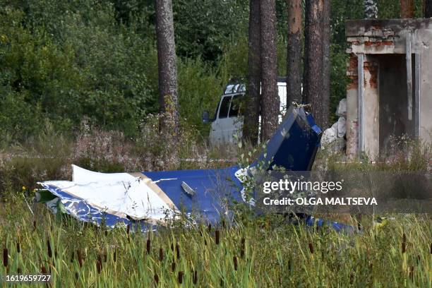 The wreckage of a plane is seen at the crash site near the village of Kuzhenkino, Tver region, on August 24, 2023. Russian state-run news agencies on...