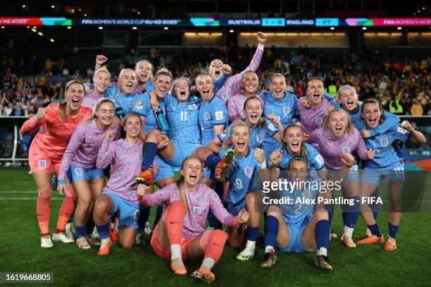 England pose for a team photo following their victory during the FIFA Women's World Cup Australia & New Zealand 2023 Semi Final match between...
