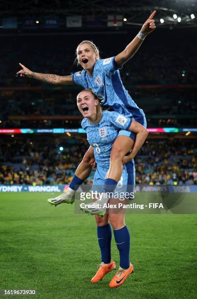 Georgia Stanway and Rachel Daley of England celebrate their sides victory during the FIFA Women's World Cup Australia & New Zealand 2023 Semi Final...