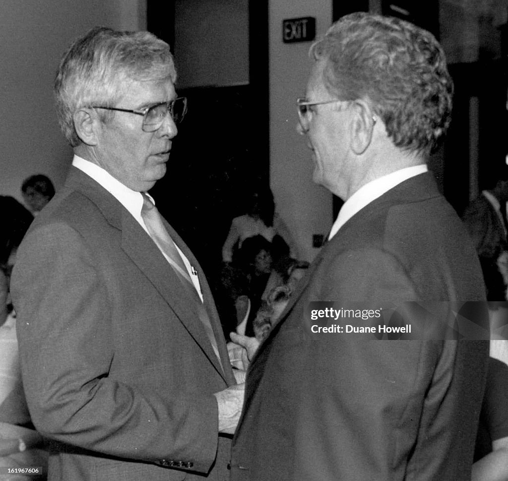 5-1988; Rep. Elwood Gillis the chairman of the JBC talks with Gov. Roy Romer during hearing with nur