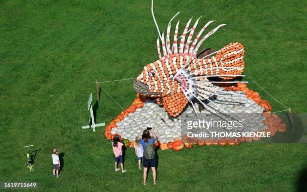 People look on a firefish made of pumpkins in a pumpkin exhibition in the garden of Ludwigsburg Castle in Ludwigsburg, southern Germany, on August...