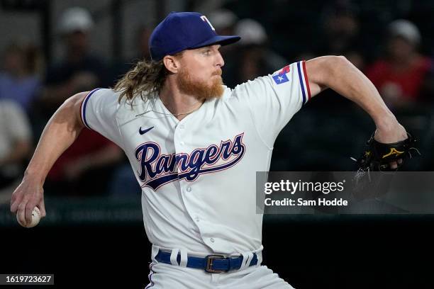 Jon Gray of the Texas Rangers pitches against the Los Angeles Angels during the first inning at Globe Life Field on August 16, 2023 in Arlington,...