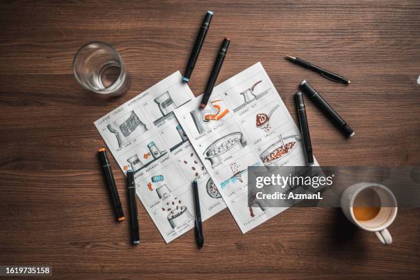 storyboard editors table; coffee, colored pencils and a smartphone - scenario stockfoto's en -beelden
