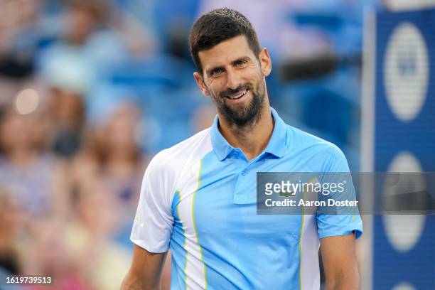 Novak Djokovic of Serbia reacts after losing a point to Alejandro Davidovich Fokina of Spain during their match at the Western & Southern Open at...