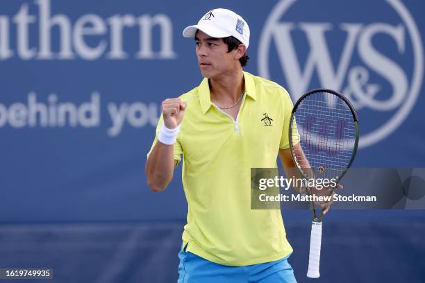 Mackenzie McDonald celebrates while playing Holger Rune of Denmark during the Western & Southern Open at Lindner Family Tennis Center on August 16,...