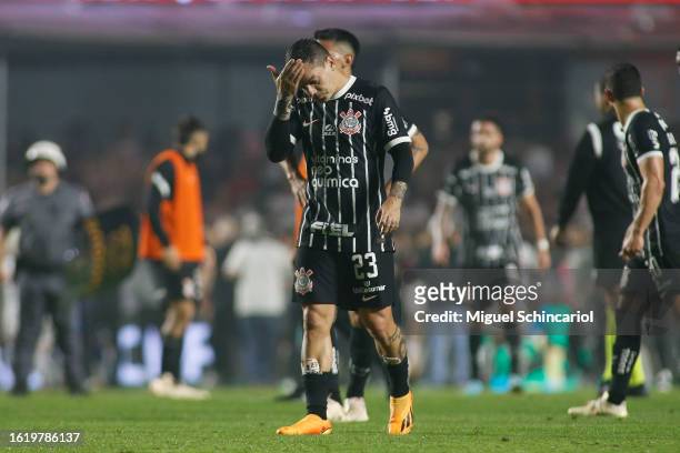 Fagner of Corinthians reacts after losing a semifinal second leg match between Sao Paulo and Corinthians as part of Copa do Brasil 2023 at Morumbi...
