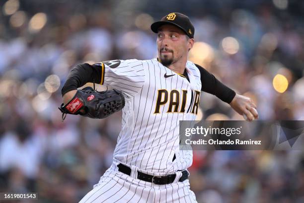 Blake Snell of the San Diego Padres pitches against the Baltimore Orioles during the second inning at PETCO Park on August 16, 2023 in San Diego,...
