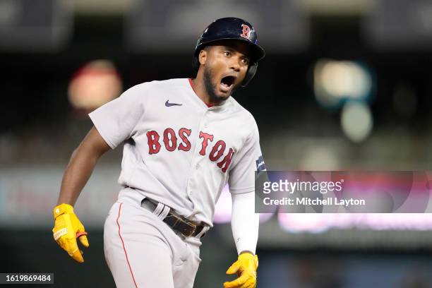 Pablo Reyes of the Boston Red Sox celebrates hitting a two-run home run in the eight inning against the Washington Nationals at Nationals Park on...