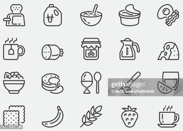 frühstück, mahlzeit, brunch. ei und speck. kaffee mit croissant. steak, haferflocken, salat, speisekarte für restaurant und café, getränke, essen, restaurant, kaffee, tee, teller, löffel, guten morgen . linien-icons - japanischer koch stock-grafiken, -clipart, -cartoons und -symbole